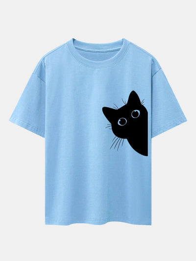 Severo® | Black Cat Print Drop Shoulder Oversize T-Shirt