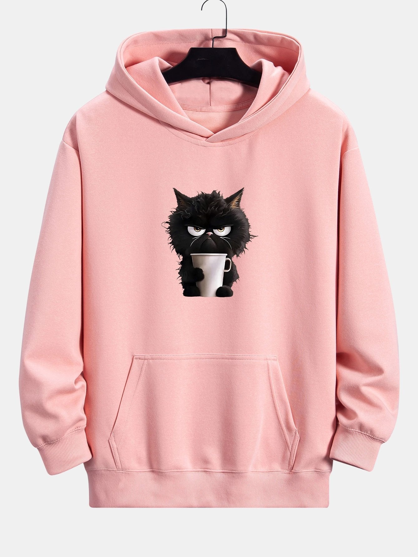 Donald | Black Cat Drinking Coffee Print Relax Fit Hoodie