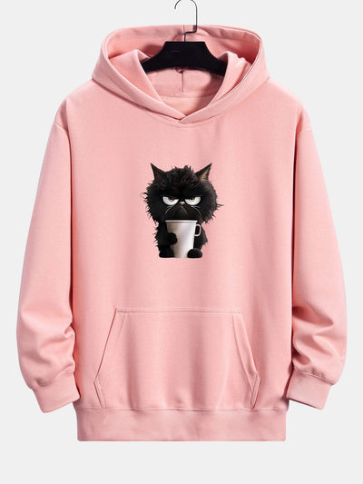 Donald | Black Cat Drinking Coffee Print Relax Fit Hoodie