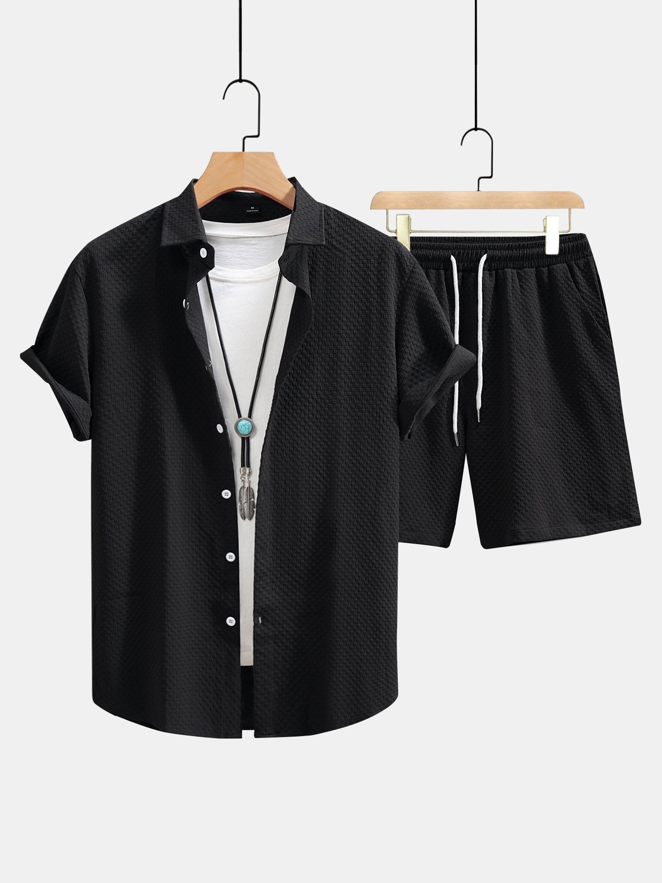 Josué® | Checkerboard Texture Button Up Shirt & Drawstring Shorts