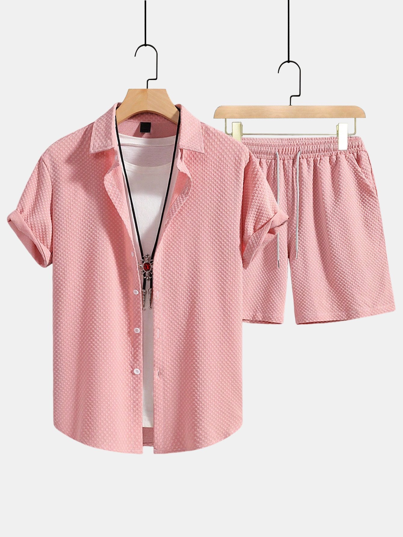 Dionisio® | Checkerboard Texture Button Up Shirt & Drawstring Shorts