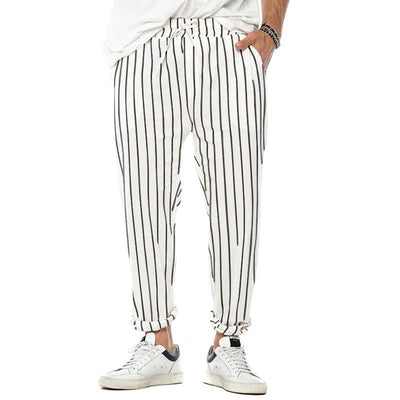 Men's Vertical Striped Cotn And Linen Straight Loose Trendy Casal Trosers
