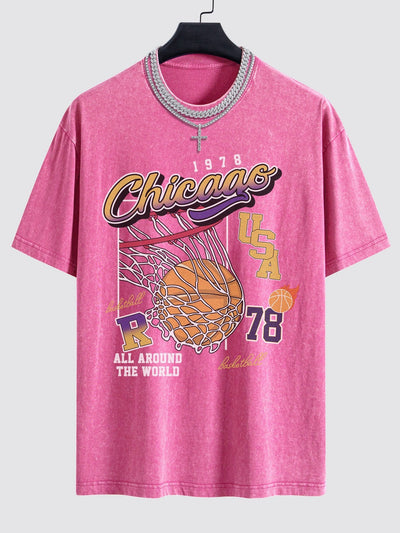 Lino® | Chicago Basketball Print Washed Drop Shoulder Oversize T-Shirt