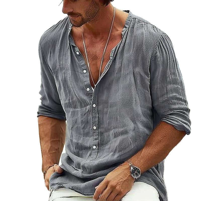 Men's Casal Cotn Linen Stand Collar Long-Sleeved Pllover Shirt