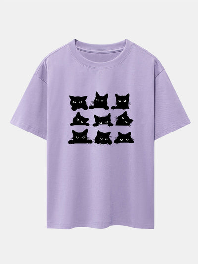 Atanasio® | Black Cat Staring Print Drop Shoulder Oversize T-Shirt