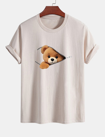 Yeshayahu® | Zipper Bear Print Cotton T-Shirt