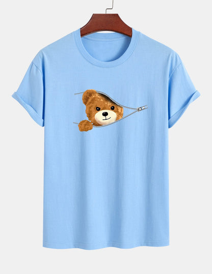 Yeray® | Zipper Bear Print Cotton T-Shirt