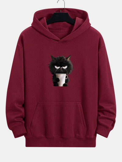 Donald | Black Cat Drinking Coffee Print Relax Fit Hoodie
