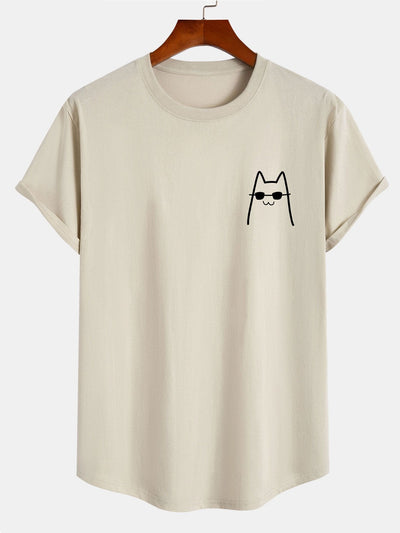 Anthony® | Cat With Sunglasses Print Cotton Arc Hem T-Shirt