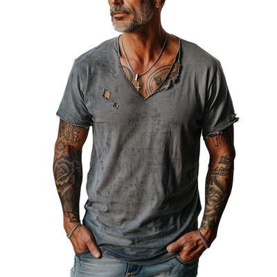 Men's Distressed Ripped Raw Edge V-Neck Short-Sleeved T-Shirt