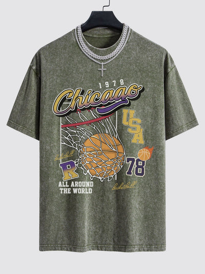 Alfonso® | Chicago Basketball Print Washed Drop Shoulder Oversize T-Shirt