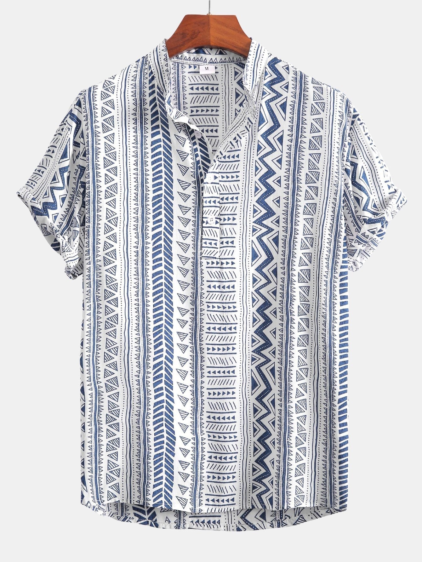 Aram® | Tribal Geometric Print Half Placket Henley Collar Shirt