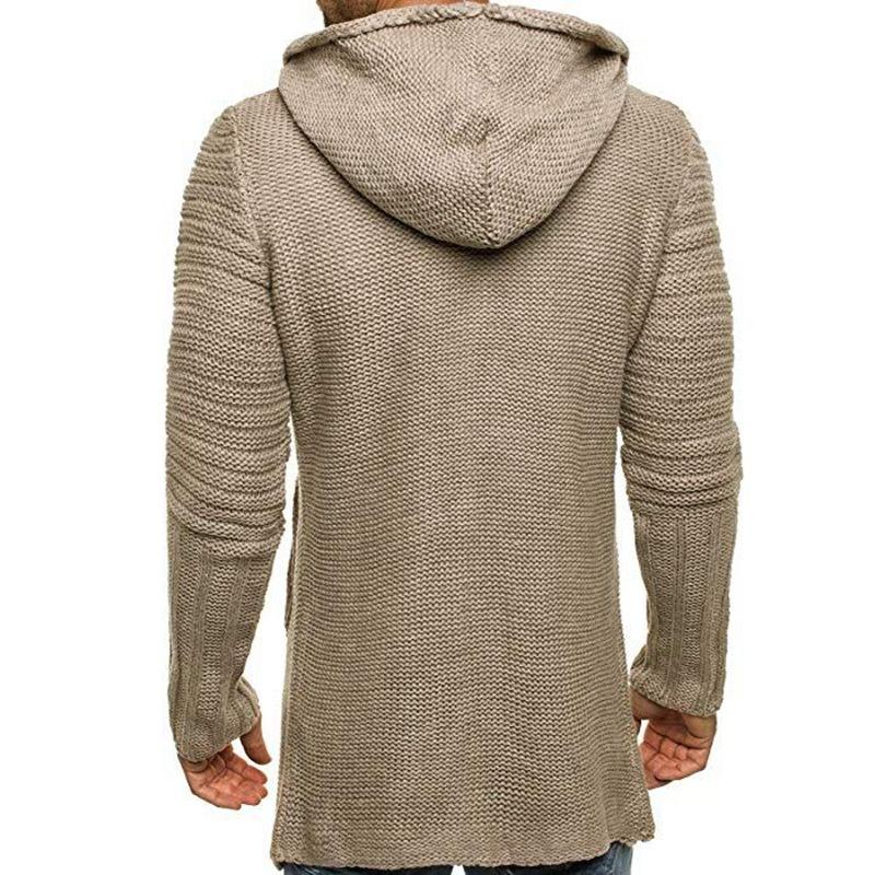 Men's Casual Hooded Single Breasted Long Sleeve Mid Length Knit Cardigan