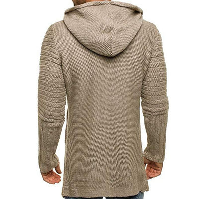 Men's Casual Hooded Single Breasted Long Sleeve Mid Length Knit Cardigan