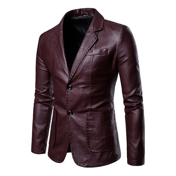 Men's Vintage Lapel Two Button Single Breasted Slim Fit PU Blazer