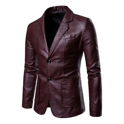 Men's Vintage Lapel Two Button Single Breasted Slim Fit PU Blazer