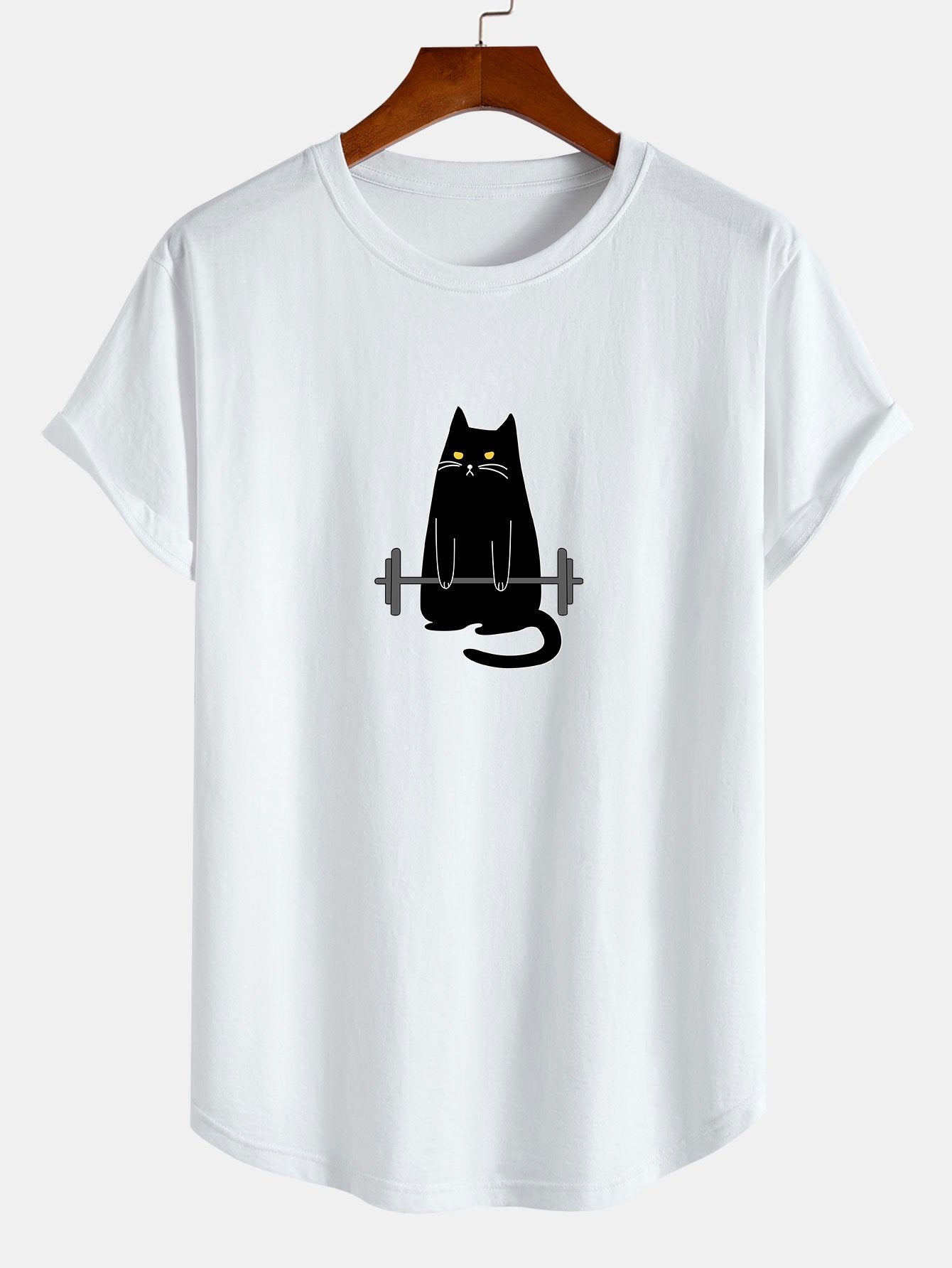 Homero® | Cat Weightlifting Print Cotton Arc Hem T-Shirt