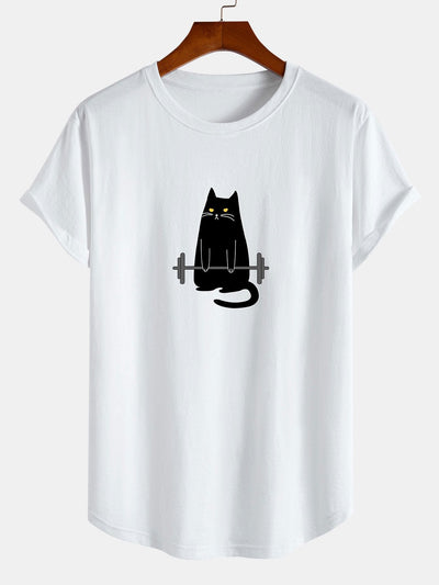 Homero® | Cat Weightlifting Print Cotton Arc Hem T-Shirt