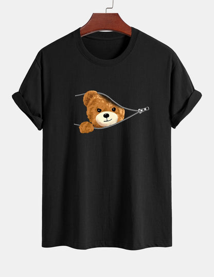Yeray® | Zipper Bear Print Cotton T-Shirt