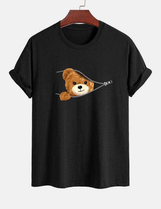 Yeray® | Zipper Bear Print Cotton T-Shirt
