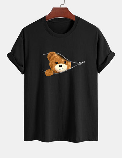 Yeray® | Zipper Bear Print Cotton T-Shirt