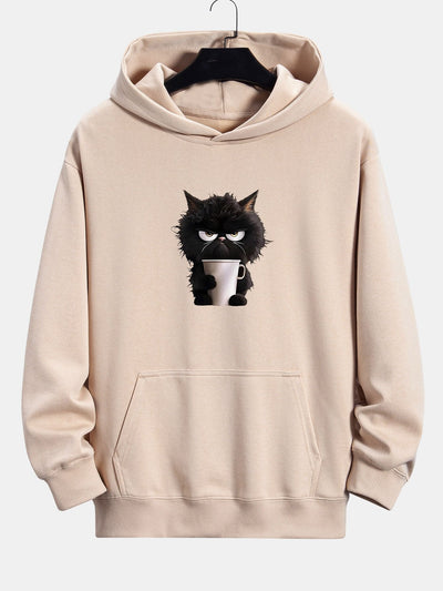 Donald | Black Cat Drinking Coffee Print Relax Fit Hoodie