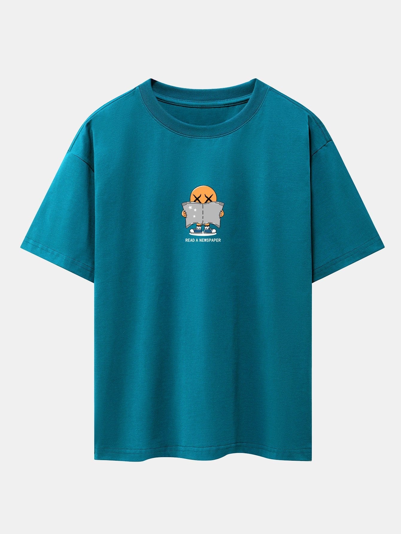 Jesús® | Cartoon Smiley Read Newspaper Print Drop Shoulder Oversize T-Shirt