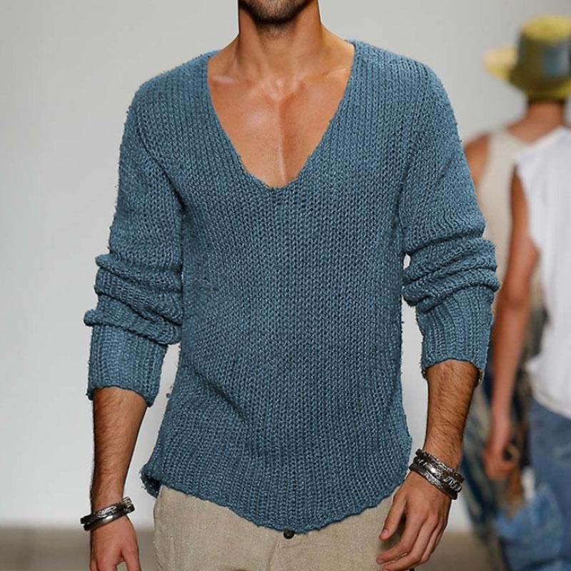 Men's Casual Solid Color V-Neck Loose Knit Pullover Sweater