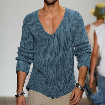 Men's Casual Solid Color V-Neck Loose Knit Pullover Sweater