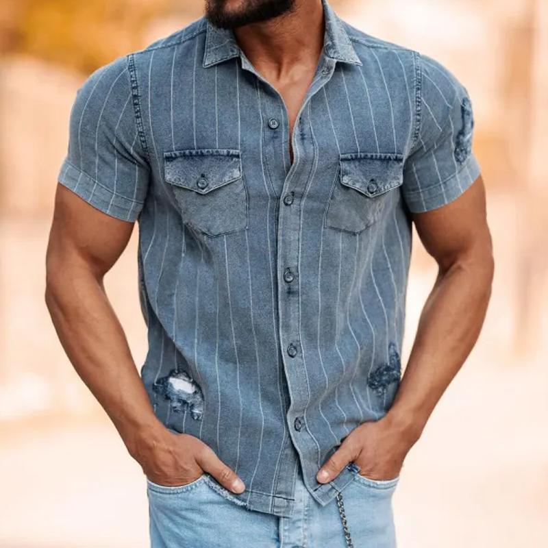 Men's Vine Stripe Ripped Short Sleeve DeniShirt