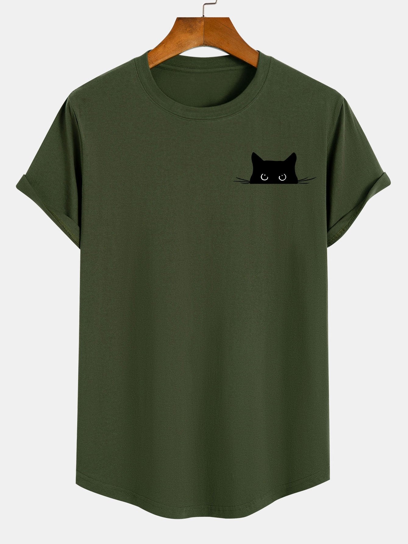 Yerai® | Black Cat Print Cotton Arc Hem T-Shirt