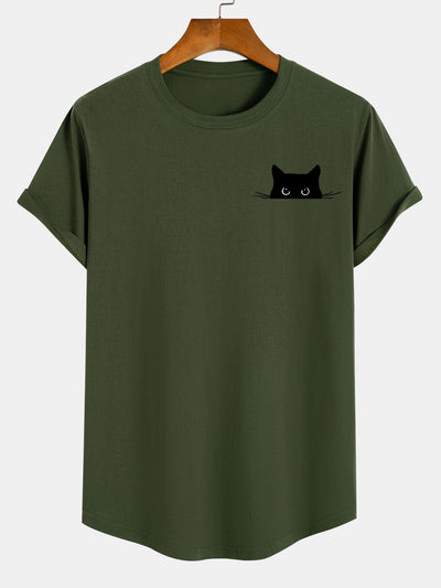 Yerai® | Black Cat Print Cotton Arc Hem T-Shirt