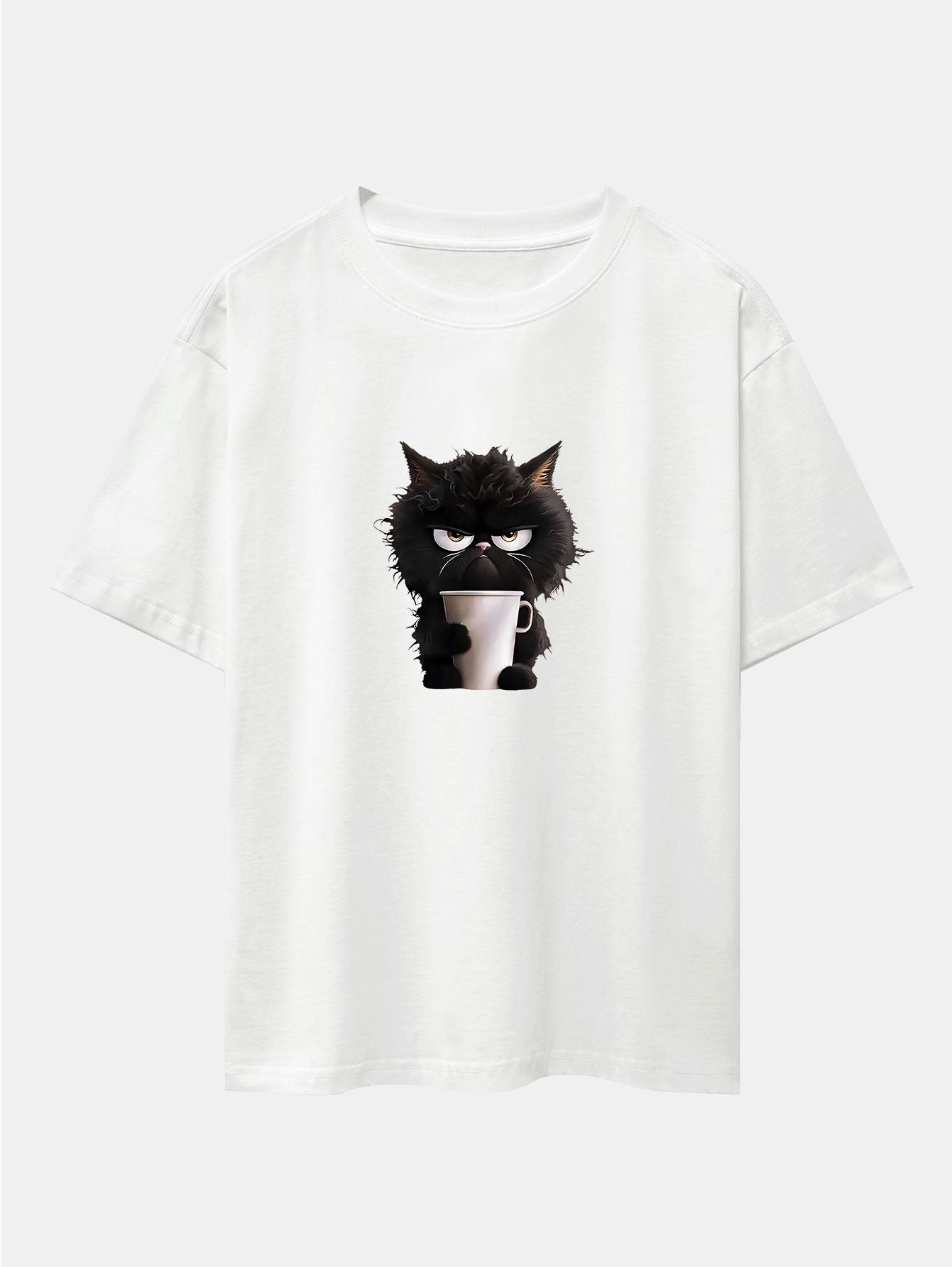 Augusto® | Black Cat Drinking Coffee Print Drop Shoulder Oversize T-Shirt