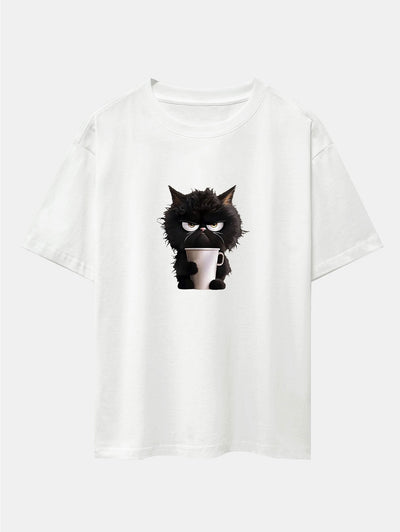 Augusto® | Black Cat Drinking Coffee Print Drop Shoulder Oversize T-Shirt