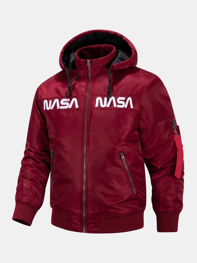 Jos�� | NASA Embroidery Quilted Lined Detachable Hooded Bomber Jacket