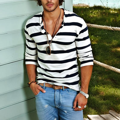 Men's Casal Striped Henley Collar Cotn Blend Long Sleeve T-Shirt