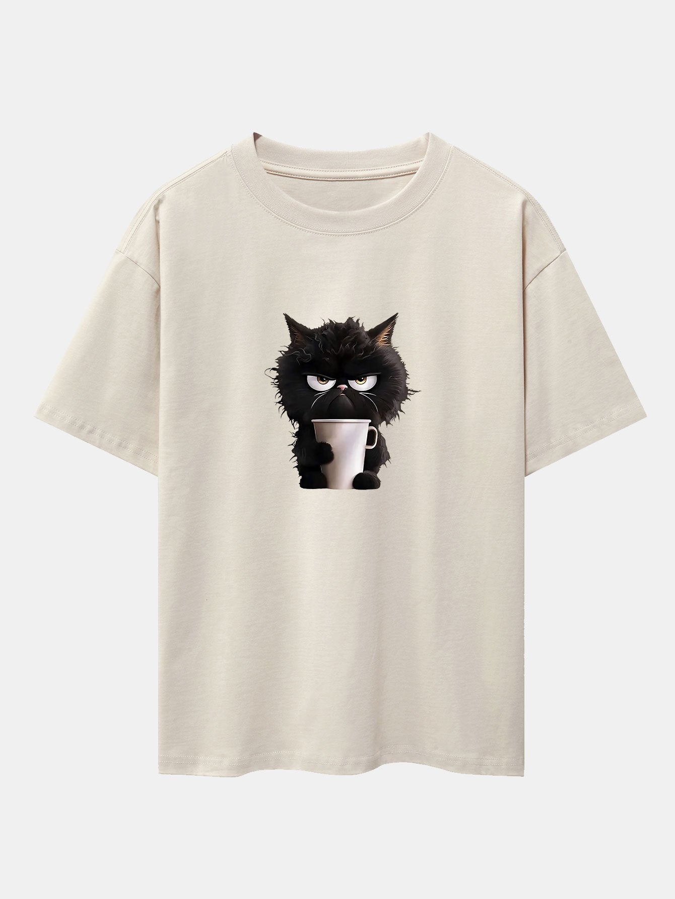 Augusto® | Black Cat Drinking Coffee Print Drop Shoulder Oversize T-Shirt