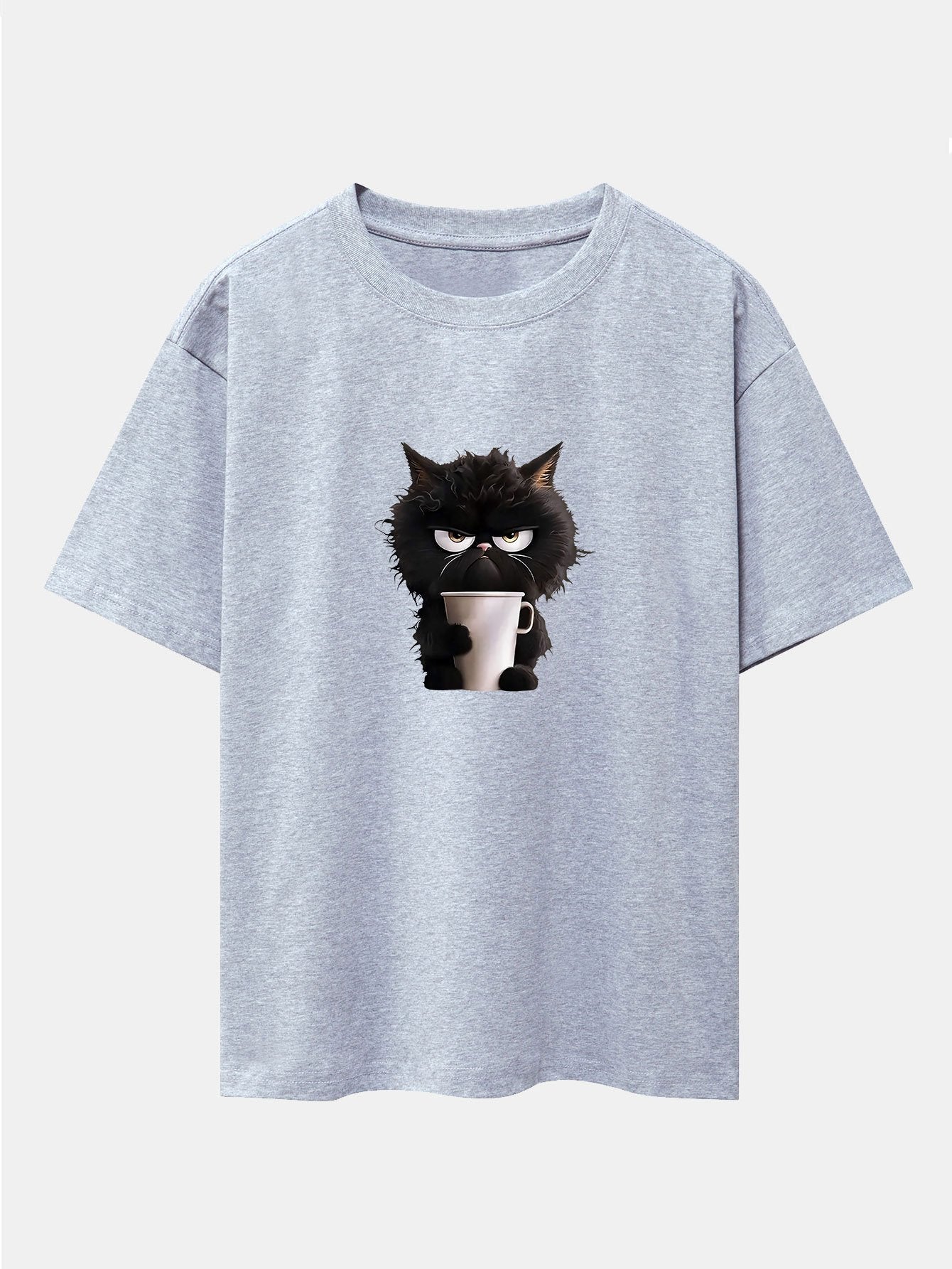Augusto® | Black Cat Drinking Coffee Print Drop Shoulder Oversize T-Shirt