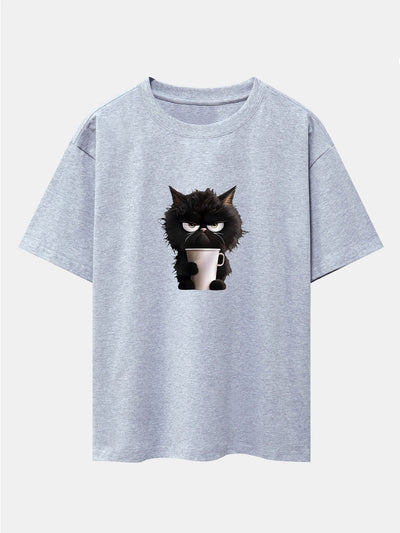 Augusto® | Black Cat Drinking Coffee Print Drop Shoulder Oversize T-Shirt