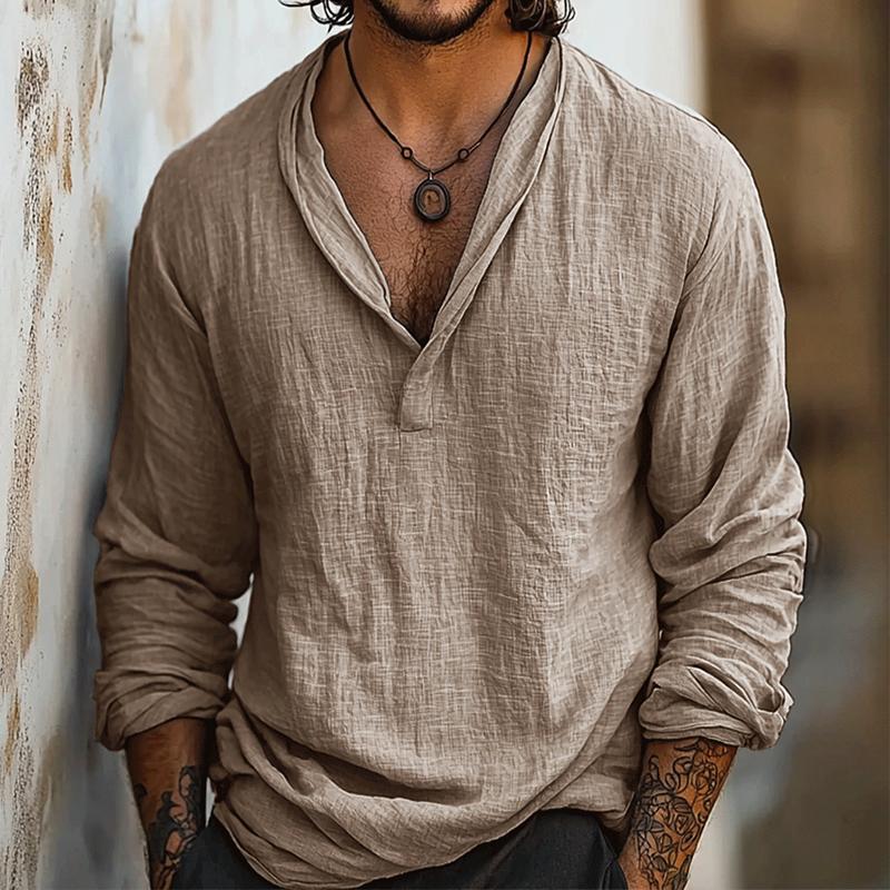 Men's Retro Casal Cotn and Linen Long Sleeve Shirt