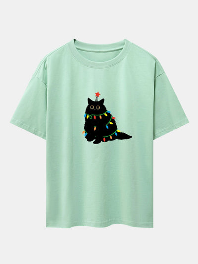 Juan® | Christmas Lights Black Cat Print Drop Shoulder Oversize T-Shirt