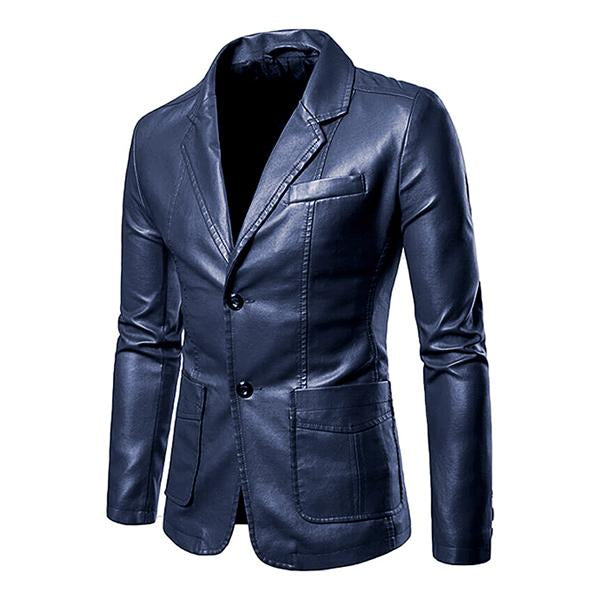 Men's Vintage Lapel Two Button Single Breasted Slim Fit PU Blazer