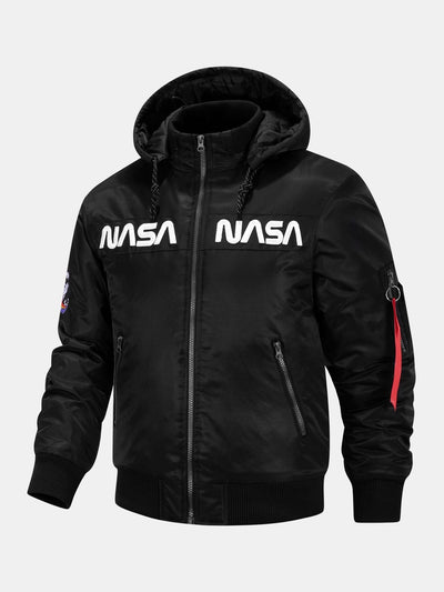 Jos�� | NASA Embroidery Quilted Lined Detachable Hooded Bomber Jacket