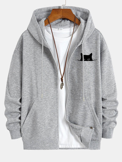 Harry | Black Cat Print Relax Fit Zip Hoodie