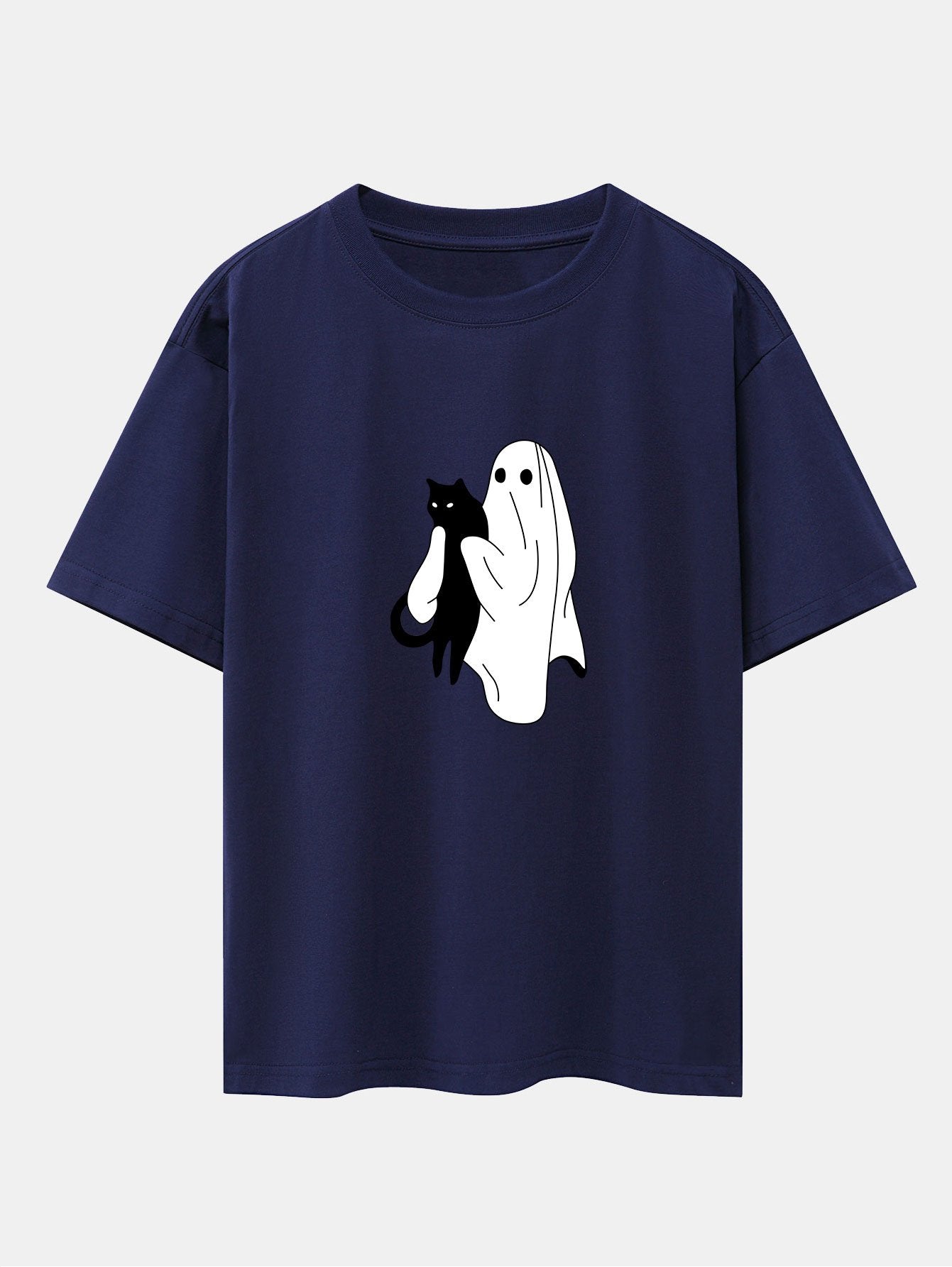 Aurelio® | Ghost Black Cat Print Drop Shoulder Oversize T-Shirt