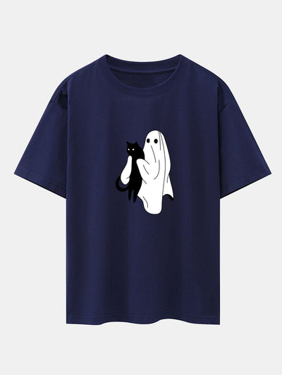 Aurelio® | Ghost Black Cat Print Drop Shoulder Oversize T-Shirt