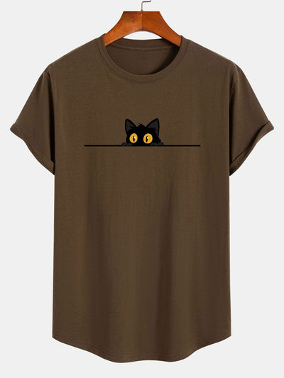 Neil® | Black Cat Print Cotton Arc Hem T-Shirt