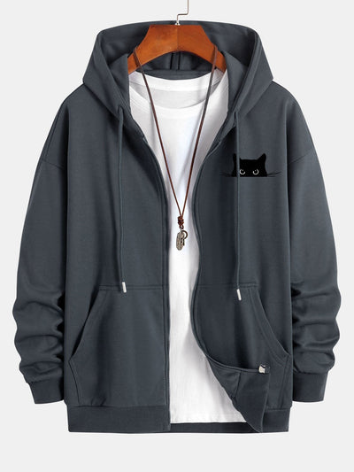 Harry | Black Cat Print Relax Fit Zip Hoodie