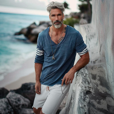 Men's Loose V-Neck Striped Patchwork Cotn Long-Sleeved T-Shirt