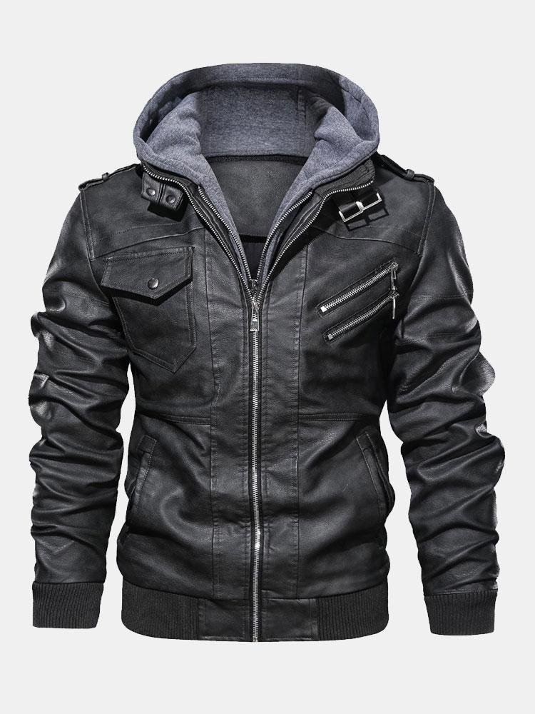 Hawke | Detachable Hooded Zip Up PU Leather Jacket